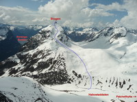 Východné svahy Slogenu (1564 m.n.m.) s naznačenou líniou zjazdu (náročnosť: Traynard S4-, E2, vrcholová časť 100 m 35-40°, ďalej do 30°, modrý ťažký, prevýšenie do Habostaddalen: cca 750 m)