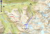 Mapa so zákresom lyžiarskej túry Bjerkeli (cca 150 m.n.m.) - Unjemsbotn - Blafjellet (1414 m) - Bjornabotnhogda (1524 m) - Storbreen - Apalholet - Soredalen - Rabben (cca 150 m.n.m.), pozn.: modrými bodkami je vyznačená časť zostupu napešo rovinatým a už bezsnehovým dnom doliny Soredalen k osade Rabben