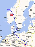 Trasa cesty Molde - Dombas - Oslo - Moss (autobivak č.1) - Goteborg - Malmo - Kodaň - Rodby - Puttgarden - Berlín - Cottbus (autobivak č.2) - Wroclaw - Krakov - Liptovský Mikuláš